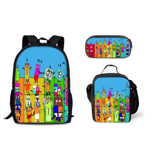 Newest Game Peripl Number Blocks Backpack Numberblocks Student School Bag Lunch Bag Pencil Case Three-piece Set Boys and Girls Birthday Gift Zipper School