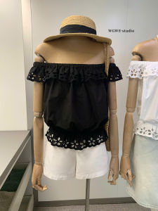 [SẴN LOẠI 1] Áo bí trễ vai viền hoa lỗ vải si cotton dày dặn bo chun co giãn siêu xinh màu trắng đen WGWE W9591