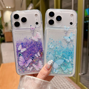 Butterfly Luminous Quicksand Case for iPhone 17 16 Pro Max Glowing in Dark Gloss Sand Coque Transparent Liquid Cover Funda Capas