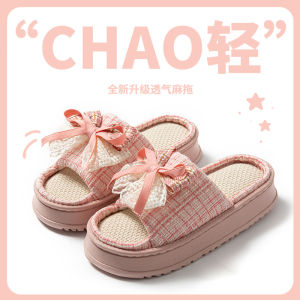 WomenS Linen Slippers For Spring And Summer With Lace Bow Indoor Non-Slip Open-Toe Slippers Suitable For All Seasons Cotton-Linen Slippers For Outdoor Wear
