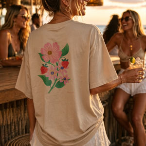 [Local Stock] HBESTY  Floral Strawberry Illustration Pink Flowers Green Leaves Red Strawberries Botanical Design Crewneck Relaxed High Quality Cotton