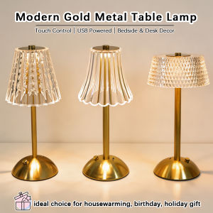 1pc Modern Gold‑Tone Metal LED Table Lamp Pleated Fabric Shade Touch Control USB Bedside Lamp Gift for Bedroom & Living Room