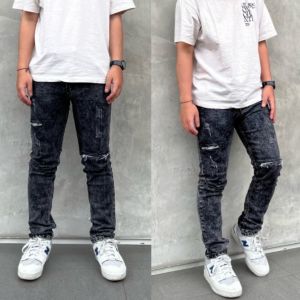 Celana Jeans Panjang Pria Sobek Melar Ripped Blackwash Slimfit Streatch Style