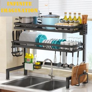 Infinite Imagination ชั้นวางจาน ที่วางจาน ชั้นวางจานสแตนเลส ที่คว่ำจานชาม 2ชั้น 62/92ซม ครบเซ็ท คร่อมอ่างล้างจาน ชั้นวางของในครัว