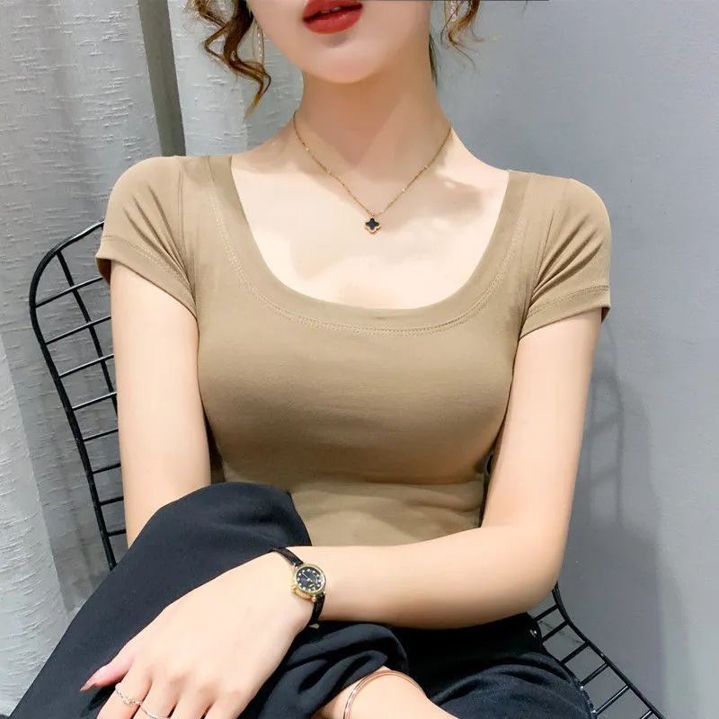 Women s T shirt Solid Color Short Sleeve Women s Tight Bottom Shirt New Multi Color Korean Low Cut Women s Top Lazada Singapore