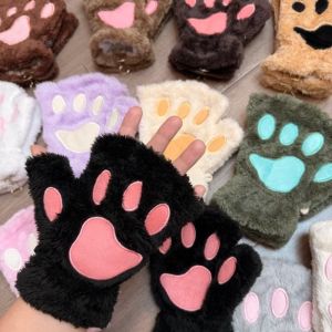 Women Cartoon Cat Claw Gloves Plush Lovely Style Bear Paw Exposed Fingers Warm Mittens Girls Surprise Gift