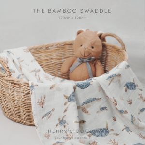 Henry’s Goods - Turtle Tales ผ้าอ้อม มัสลิน ใยไผ่ ผ้านิ่มมาก ผ้าห่อตัว ผ้าคลุมให้นม สำหรับทารก (ขนาดใหญ่120x120)