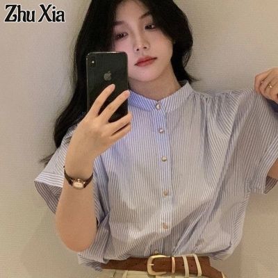 Zhu Xia French Striped Shirt Women's Summer Shirt Loose Half Sleeve Short Sleeve Top Women
