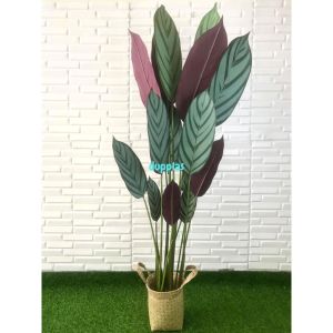 Pohon Artificial Tanaman Hias Daun Callathea Ungu T150 Latex Cover Pot Anyaman Purun Handle Dekorasi Kantor