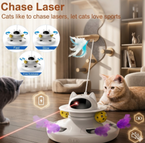 4-in-1 Automatic Cat Toy | Electric Laser Chaser Rotating Feather & Rolling Track Balls | USB Rechargeable Motion-Activated Kitten Toy