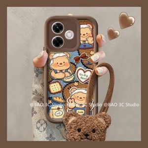New Casing Redmi A5 13X POCO C71 X7 F7 M7 Pro Ultra Xiaomi 15 Ultra 5G 4G Ins Cute Cartoon Fashion Biscuit Bear Lambskin Anti-fall Phone Case with Doll and Lanyard 2025