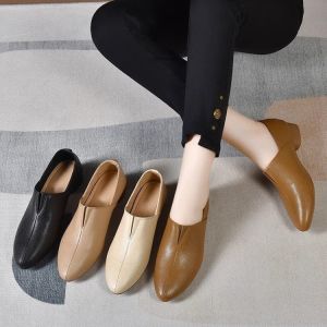 [Free Shipping] Soft Leather WomenS Shoes New Spring And Autumn Styles Versatile Flats Work Shoes Black Mid-Heel Loafers
