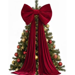 SUNNE SHOP Solid Color Large Velvet Christmas Bow Soft Draping Long Streamers Christmas Tree Topper Bow Reusable Elegance Xmas Vibe Decor Bow Christmas Tree