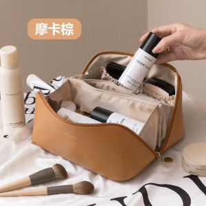 ออร์แกนหมอนกระเป๋าเครื่องสำอางสุภาพสตรีครีมหนัง แต่งหน้าความจุขนาดใหญ่ เดินทางออแกไนเซอร์กระเป๋าแป้ง