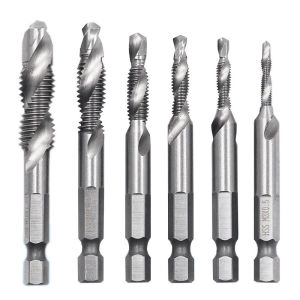 Mata Bor 6PCS Pembuat Ulir Drat Drill Tap Set Twist Spiral Tapper Baut Bit Drilling Tapping Deburring Benang Metrik M3-M10 Set Dilapisi Titanium Bor HSS dan Tekan Bit 1/4 Hex Shank