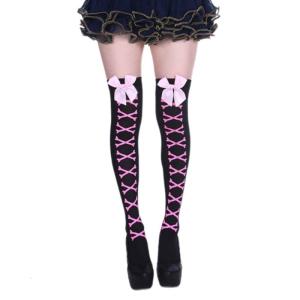 Sweet Bowknot Accent Thigh High Long Socks for Women Halloween Cosplay Parties Fishnet Striped Thigh High Stockings