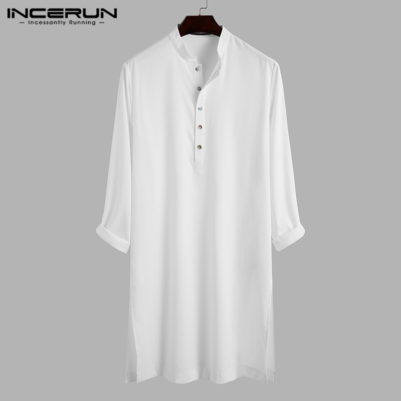 ชุดประจำชาติ INCERUN เสื้อเชิ้ตผู้ชายย้อนยุค Kaftan ยาวระดับเข่าเสื้อทางการปก (มุสลิม)