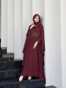 Layla Kaftan Abaya Sultan Model Mewah Ceruty Babydoll Gamis Abaya Set Outer Terpisah Payet Mutiara Gamis Warna Burgundy Mahogany Hitam Tren 2025 Model Baru Lebaran Remaja Dewasa Premium Jumbo