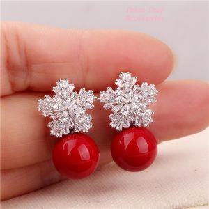 Bông tai ngọc trai giả đỏ bông tuyết đính đá trắng