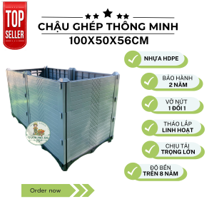 Chậu trồng cây kiểng chậu trồng cây cỡ to chậu ghép thông minh HDPE kích thước 100x50x56cm mầu Ghi- Trắng