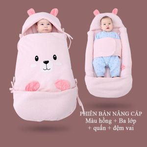 Túi Ngủ Đa Năng Cho Bé Sơ Sinh Mùa Đông Nôi Ngủ Đa Năng Màu Hồng Bông Dày Dặn Có Thể Tháo Rời
