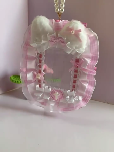 Soft Plush Cats Ears Photocard Holder with Elegant Lace Trim and Beaded Chain Case for Keychain or Backpack Pendant