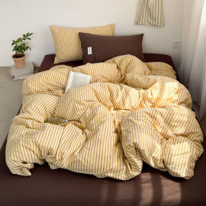 【Super low price】Japanese Style 100% Cotton Bedding Set King Queen Size Minimalist Striped Duvet Cover Set Comforter Cover Bed Sheet Pillow Cases