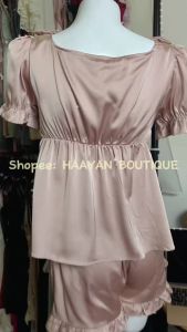 HT697 Bộ pijama cổ vuông tay bồng kèm ĐỆM LÓT set đồ ngủ lụa nơ ngực dáng xoè tôn dáng HT697 MÚT