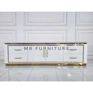 Meja Tv Top Marmer Putih Carrara Kombinasi Lis Gold Stainless