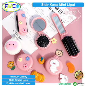 Sisir Cermin Lipat Bulat Mini Souvenir Kaca Lipat Lucu Karakter Rambut Anti Kusut Travel 2 in 1 Praktis