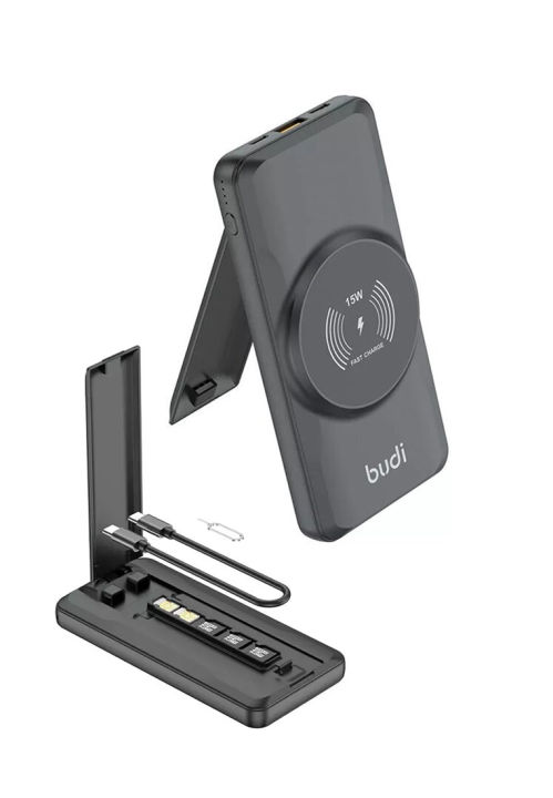 Budi 10000mAh Wireless Power Bank With Built-in Cables & Phone Stand – Portable Charger For Phones