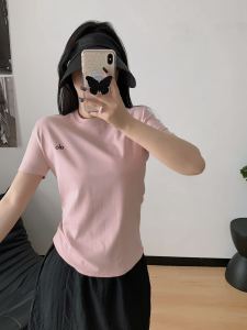 original ALO Summer New Womens Casual Solid Color Round Neck Letter Print Short Sleeve T Versatile cotton slim-fit short-sleeve shirt in stock