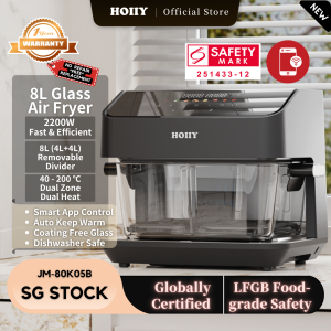 【Smart App Control】SG Stock HOIIY 8L Glass Air Fryer Dual Zone 4L+4L Removable Divider 2200W Fast Dual Heat Auto Keep Warm LFGB 100% Food Grade Non-toxic Pure Coating-free Pot Dishwasher Safe