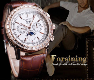 Forsining Automatic Mechanical Watch Moon Phase 3 Dial Rose Gold Multifunctional Mechanical Mens Watch Brown Leather Strap. Mens gifts