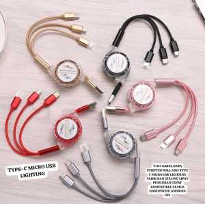 V183 ORI KABEL DATA 3 CABANG TARIK STRETCH ROLL 3IN1 TYPE C MICRO USB LIGHTING TARIK DAN GULUNG LIPA