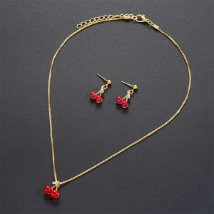 LYM Red Cherry Pendant Necklace Stud Earrings Set Womens Fashion Fruit Necklace Earrings Jewery Set For Party Wedding Girls Gifts