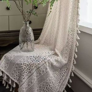 NEXTYOO Họa tiết ren Rèm móc len phong cách Boho Lọc ánh sáng Hình học sọc Rèm cửa có lỗ luồn dây kiểu cổ điển Phong cách Boho Thiết kế tua rua Rèm ren dệt Phòng khách