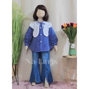 Setelan Celana Jeans Cutbray Anak Perempuan Setelan Ruli Katun Salur Anak Perempuan Kombinasi Brukat Kupu Kupu Pundak/One Set Celana Cutbray Terbaru 2024 /Usia 3 Sampai 12 Tahun