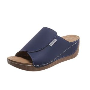 Plus Size Thick-Soled Casual WomenS Slippers 2025 New Model Wide Strap Simple Fashion Peep-Toe Wedge Slippers