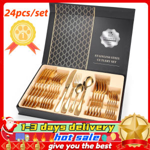 【Ready!】24 Piece Cutlery Set Gold Gift Box With Stainless Knife Spoon and Fork cutlery organizer stainless cutlery set Flatware Gift Boxed High-Grade Mirror Polishing Dinnerware Golden