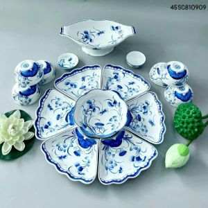 Bộ bát đĩa hoa mặt trời Bát Tràng họa tiết hoa sen đầm men kem - Hàng vẽ tay - Bộ đồ ăn bộ bát đĩa thờ cúng gia tiên