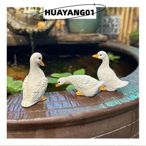 HUAYANG01 [HOT FASHION] 3ชิ้นรูปปั้นเรซินย้อนยุครูปเป็ดสีขาวน่ารักสำหรับตกแต่งโต๊ะในสวน