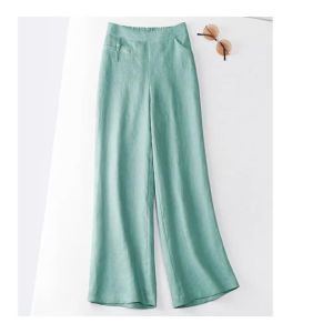 Casual Cotton Linen Home Straight Pants Half Elastic Waist Disc Tie Style Pants Daily Leisure Wide Leg Trousers