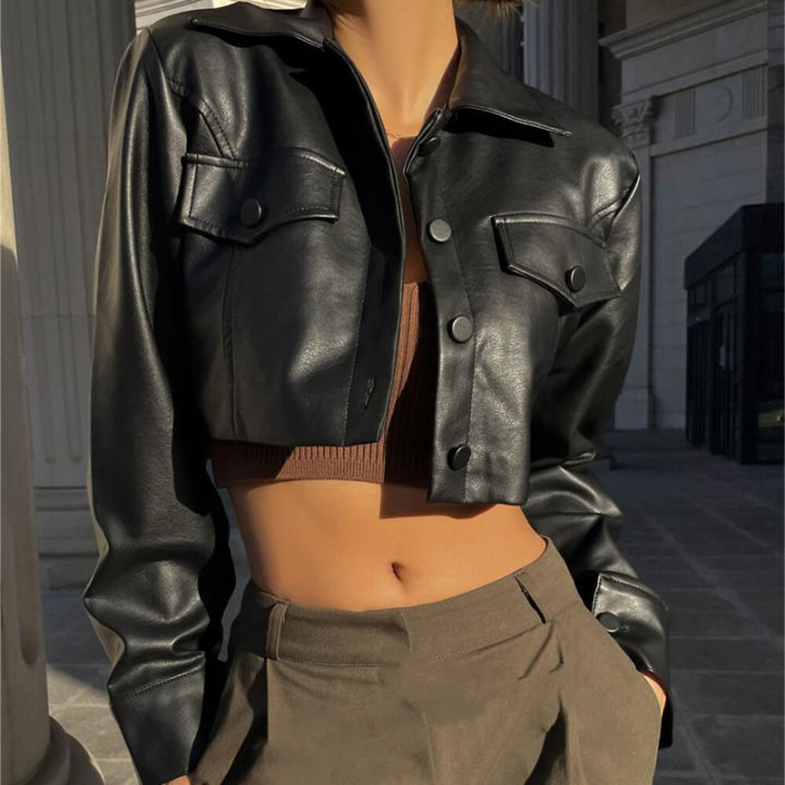 As [magiclady] women winter jacket women leather jacket solid color crop  tops casual long sleeve button down jacket fall outwearl620
