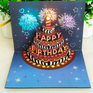 New 3D Pop Up Birthday Greeting Card With Lights Music Happy Birthday Card Firework Cake Greeting Card Gift For Wife Mom Kids