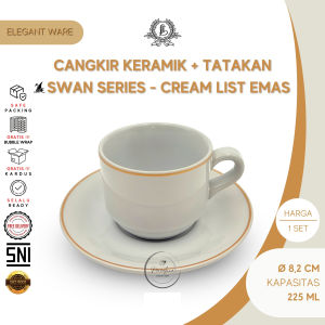 Cangkir Keramik Set Tatakan Merk Lucky Swan Series Bulat List Emas Cream 225 ml Gelas Mug Lepek Pisin Cup Saucer Keramik Teh Tea Kopi Coffee Espresso Hotel Restoran Cafe Horeca Horeka SNI