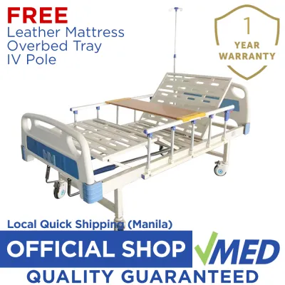 VMED Two Cranks Hospital Bed with Wooden Dining Table IV Pole Wheels and Leatherette Mattress