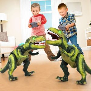 Interactive Remote Control T-Rex Dinosaur Toy with LED Lights Walking and Roaring Sound for Kids