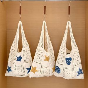 【Ready Stock&COD】BELLETEN Knitted Knitting Shoulder Bag Hollow Cartoon starfish Tote Casual Beige Brown Bucket Bag Women