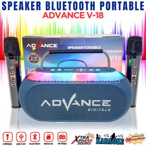 Advance Digitals Audio Speaker Advance V18 Portable Speaker Dual Microphone Karaoke - Speaker Lampu Karaoke Bass Plus 2 Mic Wireless Bluetooth Speaker USB Speaker Komputer Speaker Aestetik Advance V-18 ~TFA